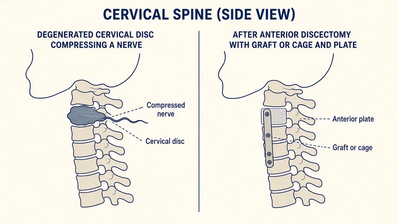 Illustration of an anterior cervical disc removal and plate-and-graft fusion