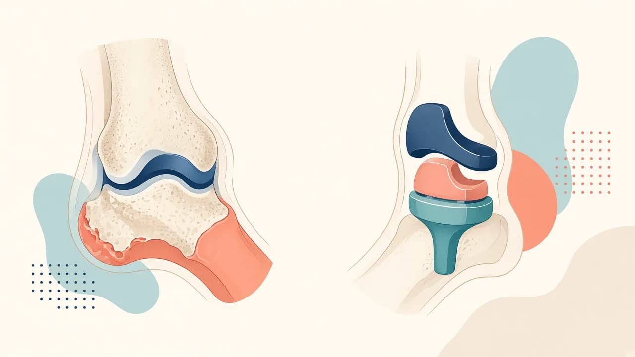 Illustration of a worn ankle joint and conceptual ankle replacement implants