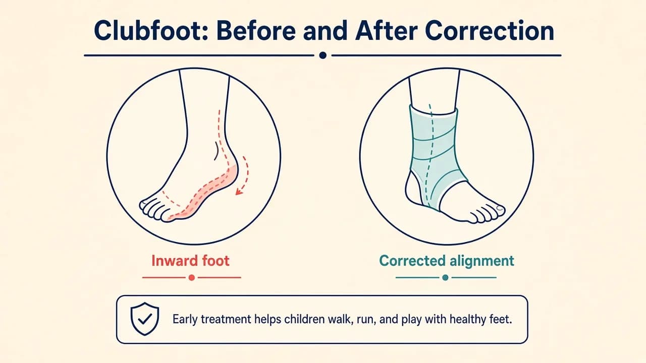 Illustration of a child's inward-turning clubfoot beside a corrected alignment in a light cast