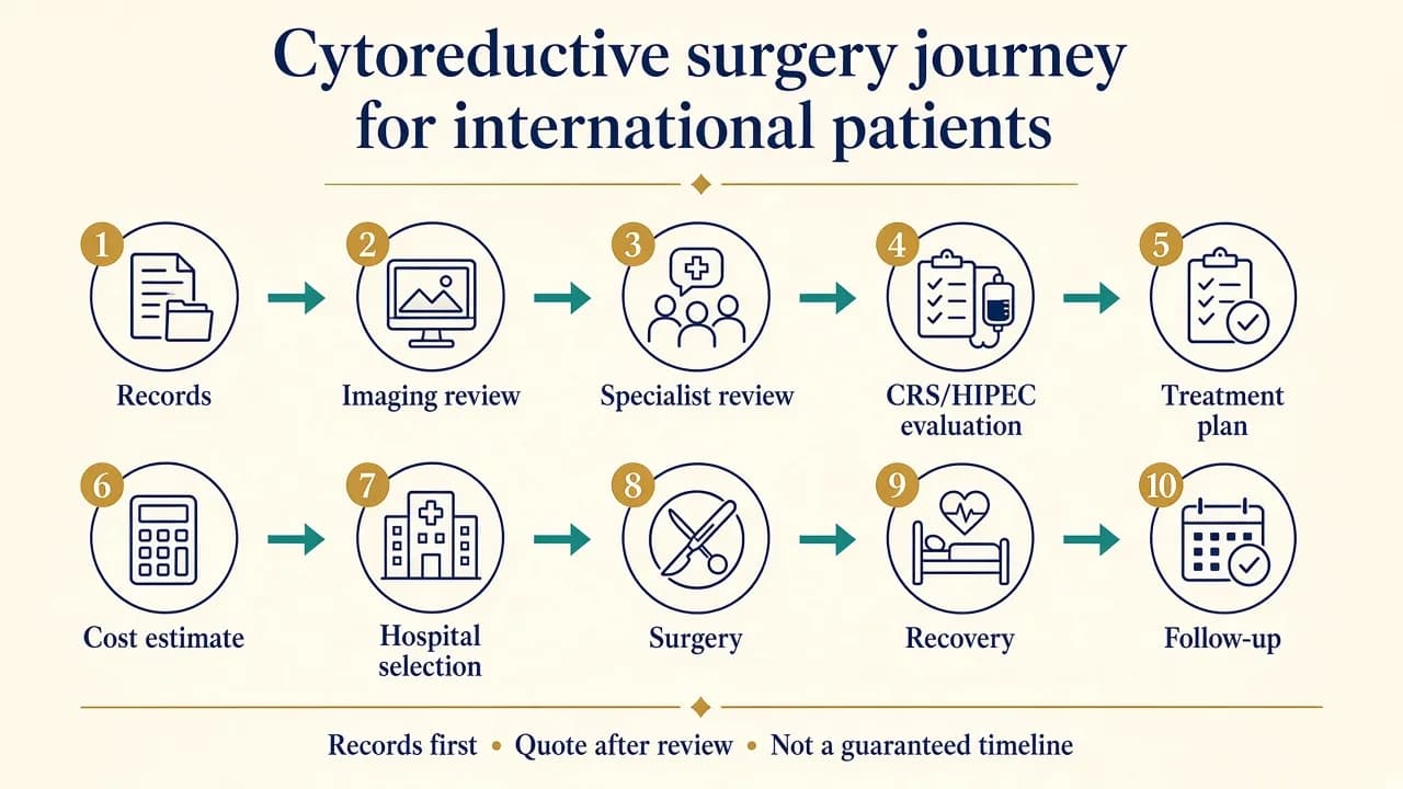 Illustration showing the treatment journey for international patients planning cytoreductive surgery in India