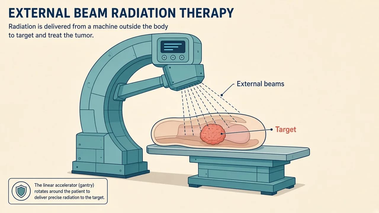 Illustration of a linear accelerator delivering external radiation beams toward a tumor target