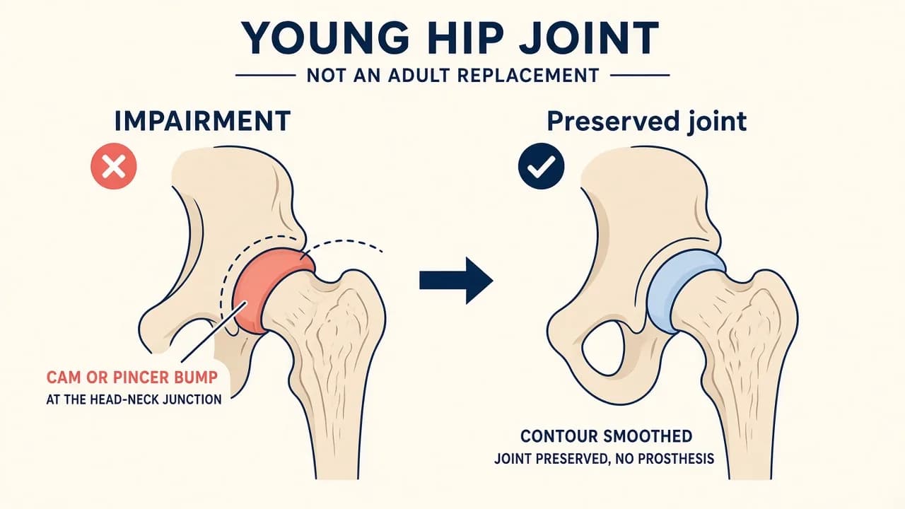 Illustration of a young hip with a cam bump beside a reshaped, preserved joint without a replacement