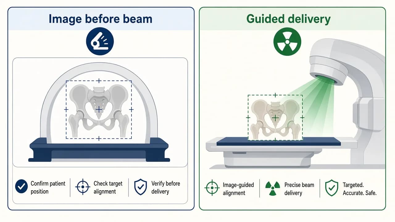 Illustration of a positioning scan checked before radiation beams are delivered