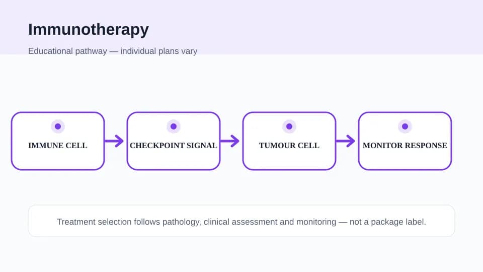Medical illustration showing immune-cell, checkpoint-signal, tumour-cell and response-monitoring steps in cancer immunotherapy