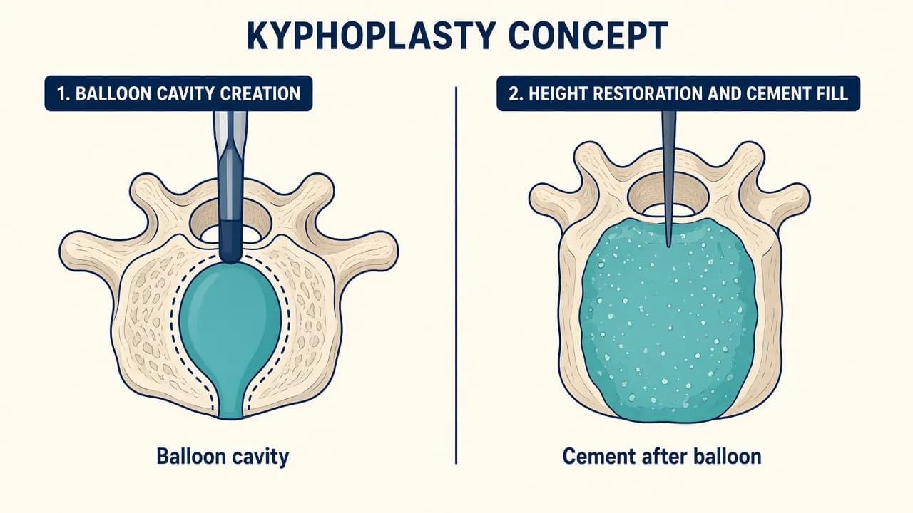 Illustration of a balloon cavity and cement used in kyphoplasty for a compression fracture