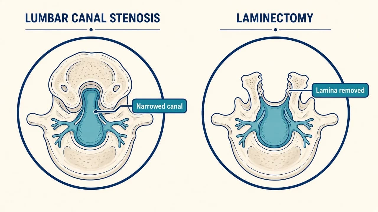 Illustration of lamina removal to widen a narrowed spinal canal