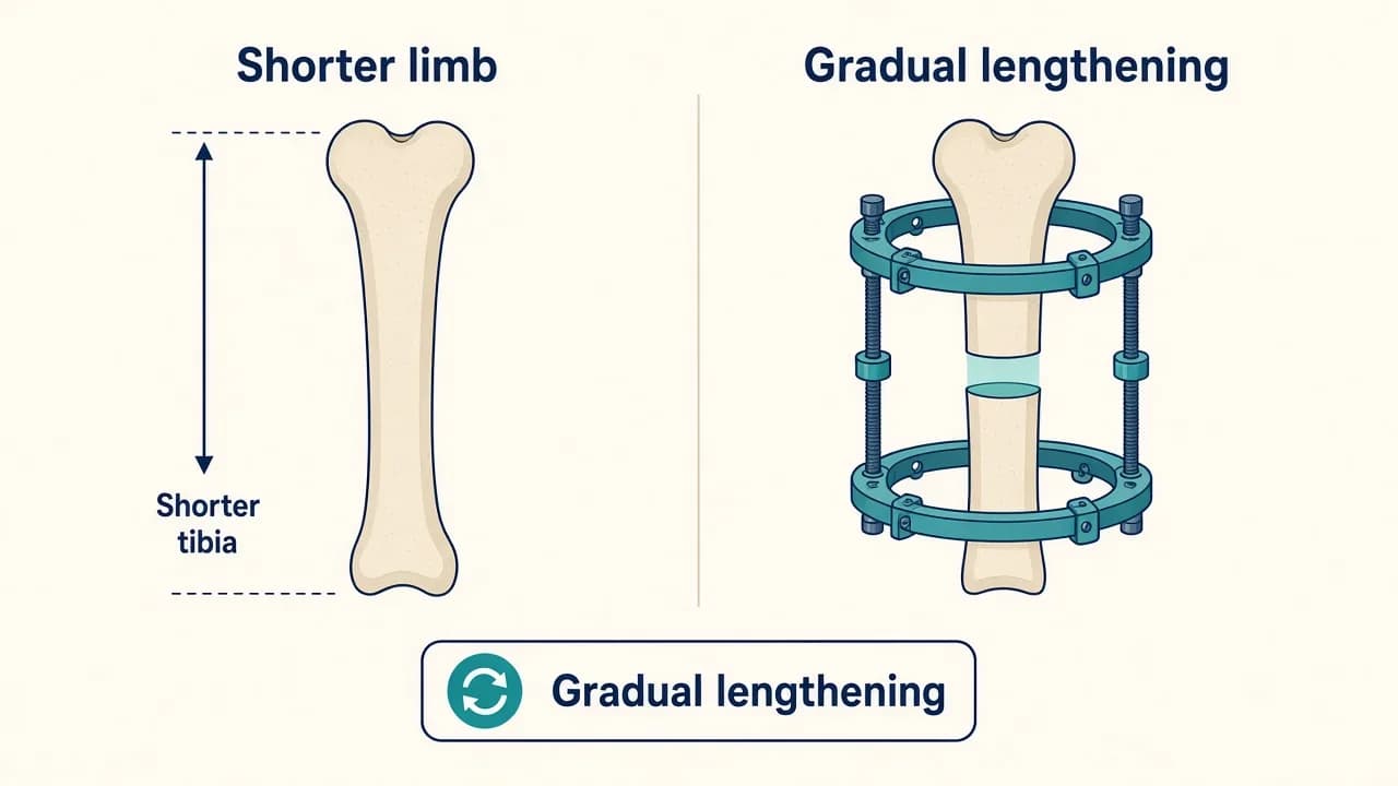 Illustration of a child's shorter tibia beside a lengthening frame with a small distraction gap