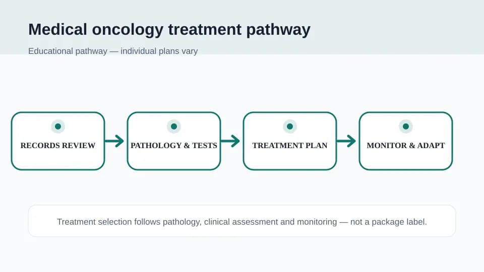 Medical oncology pathway from records and pathology review through treatment planning and monitoring for molecular targeted therapy