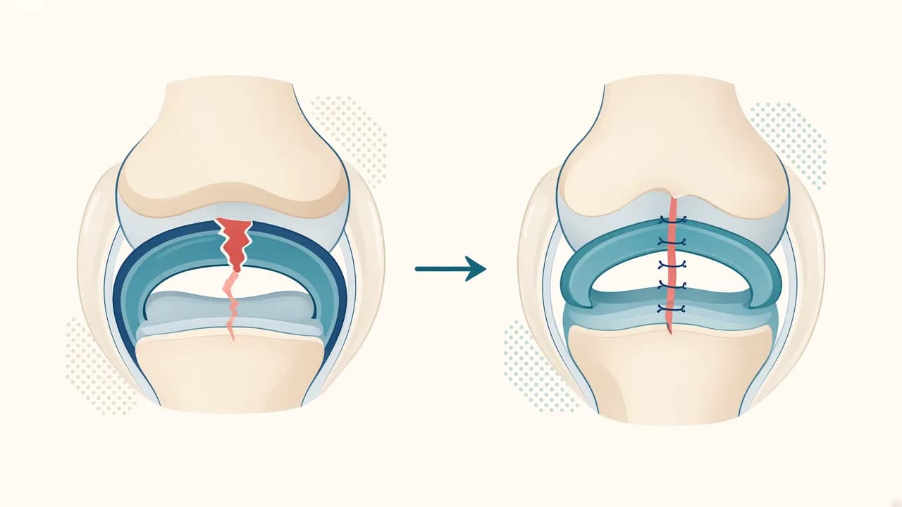 Illustration of a torn knee meniscus and the concept of suture repair rather than removal