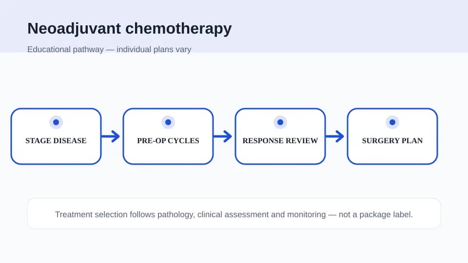 Medical illustration showing staging, pre-operative chemotherapy cycles, response review and coordinated surgery planning