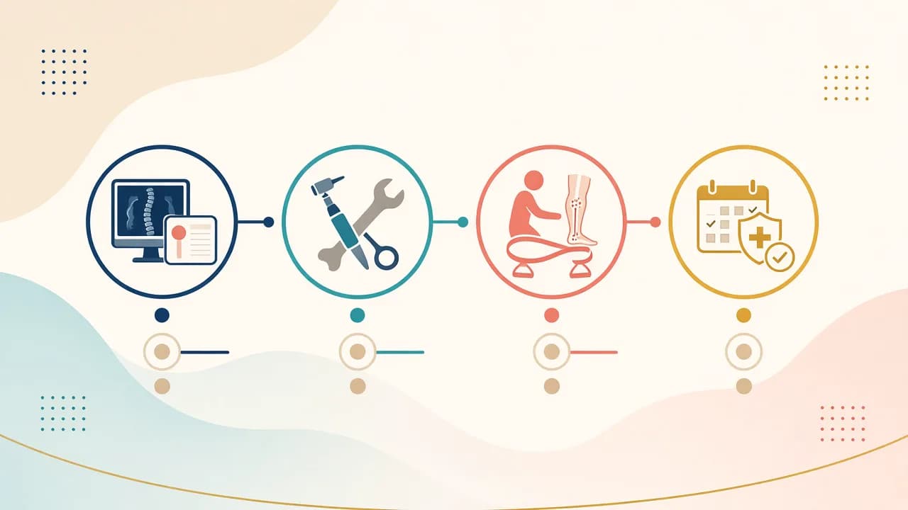 Illustration of evaluation, surgery, ward recovery and physiotherapy for ORIF