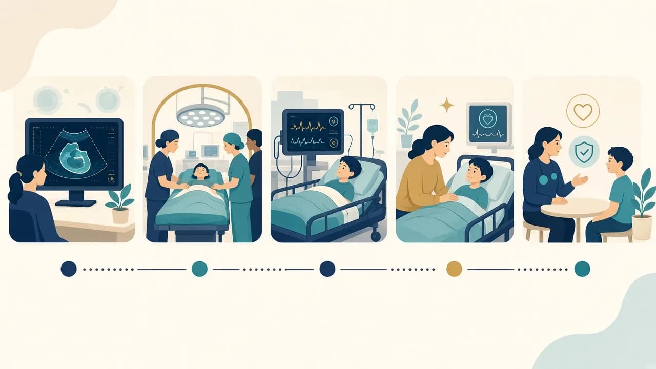 Illustration of pediatric cardiac evaluation, treatment, intensive care and follow-up