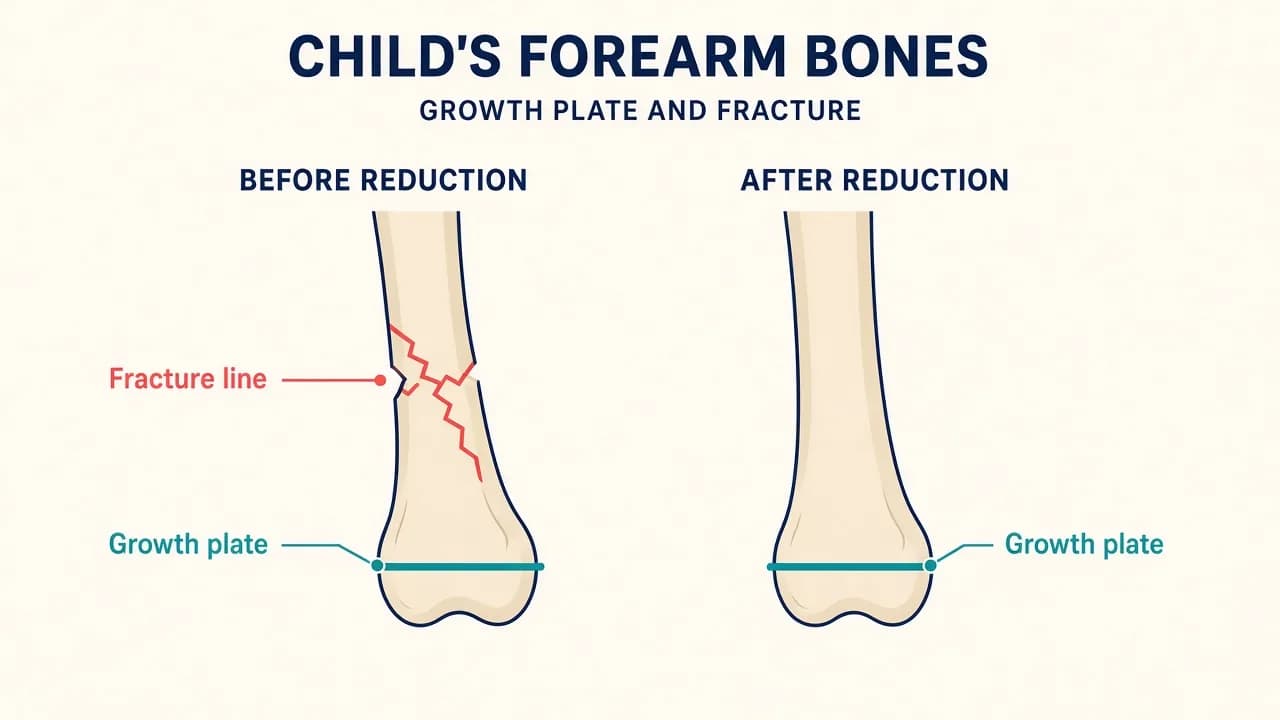 Illustration of a child's forearm fracture near a marked growth plate before reduction