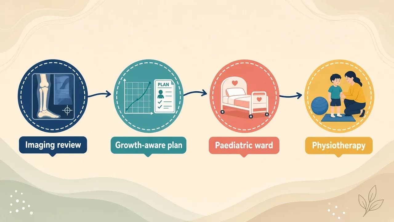 Illustration of imaging review, growth-aware planning, paediatric ward recovery and physiotherapy for SCFE hip surgery
