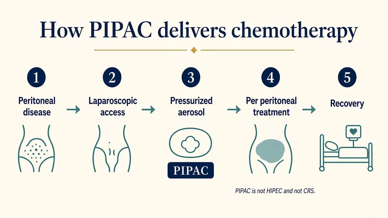 Medical illustration explaining how PIPAC delivers pressurized aerosol chemotherapy into the abdominal cavity