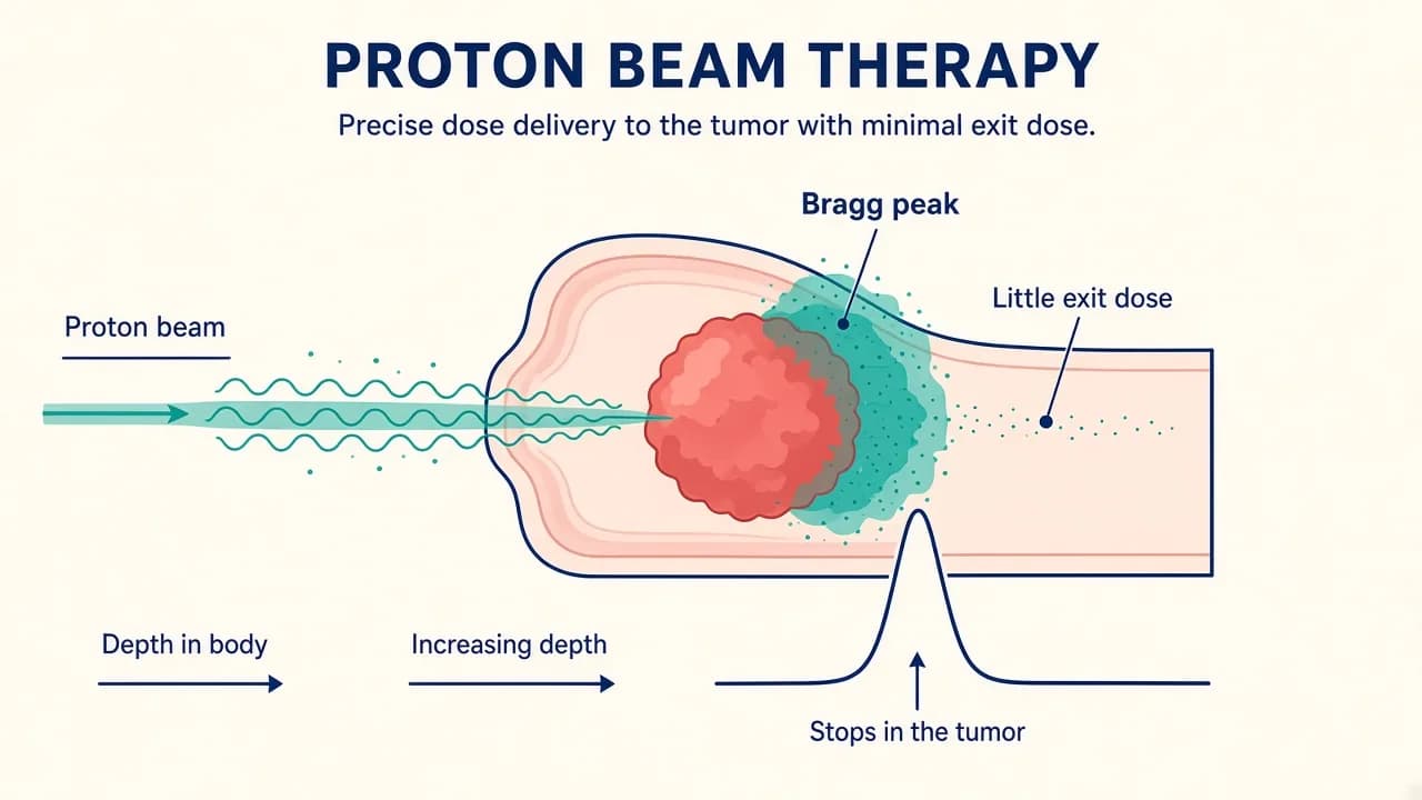 Illustration of a proton beam depositing dose at a Bragg peak and stopping beyond the tumor