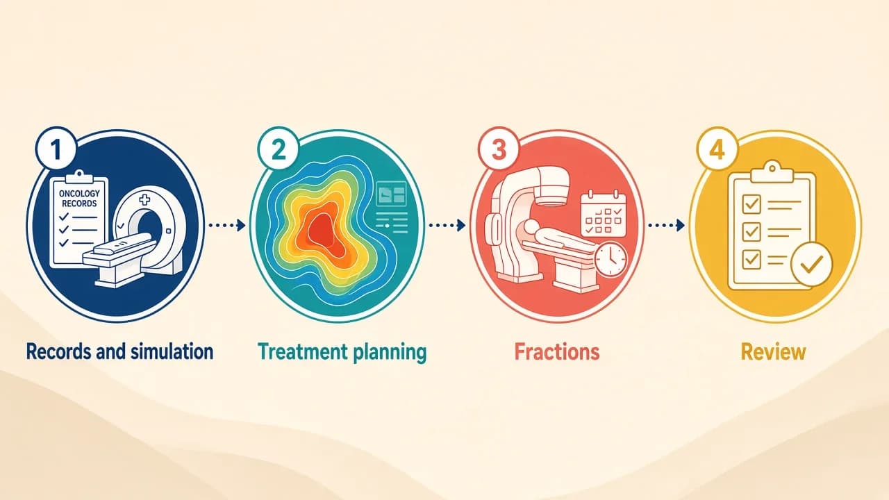Illustration of records review, simulation, treatment planning and fractions for SBRT