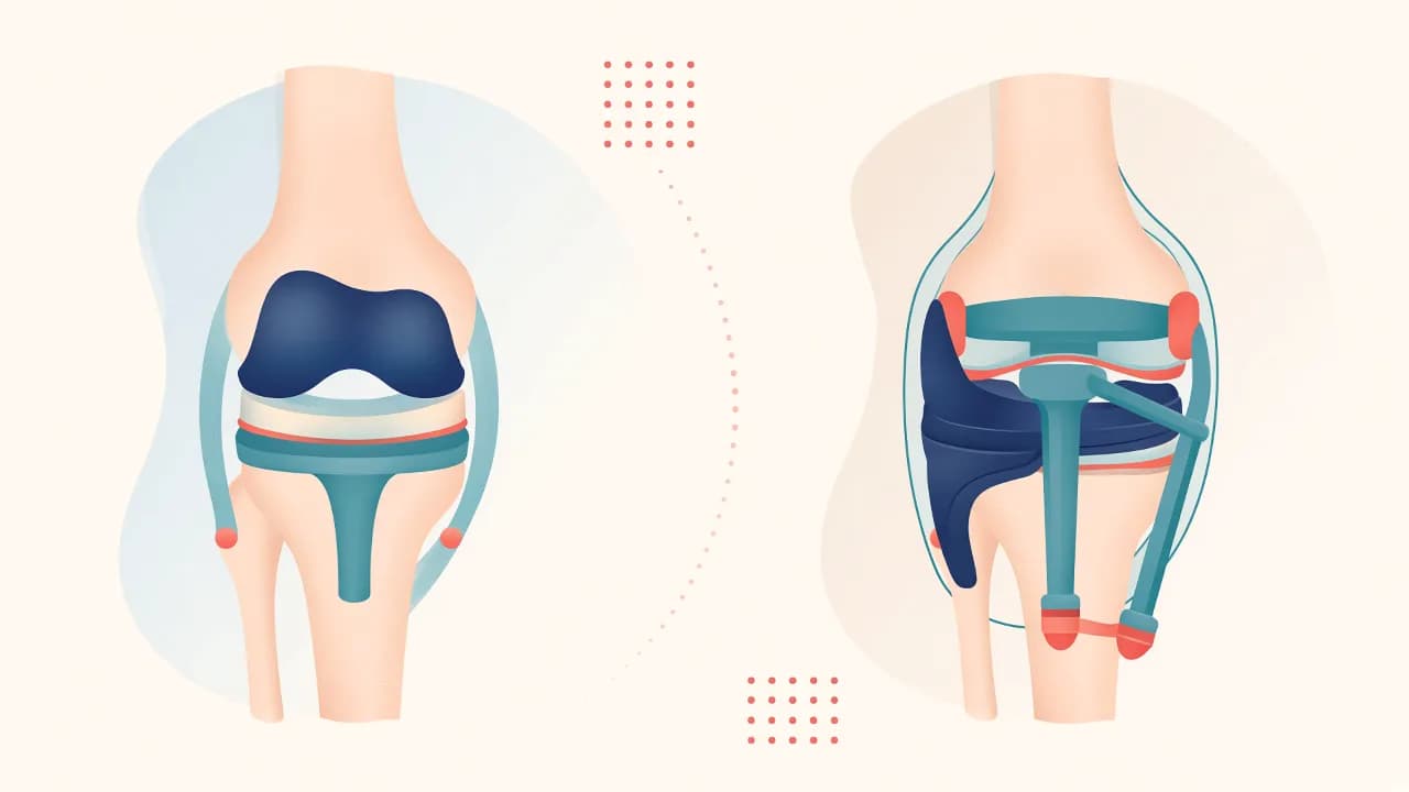 Illustration of a failed knee implant being exchanged for a stemmed revision construct