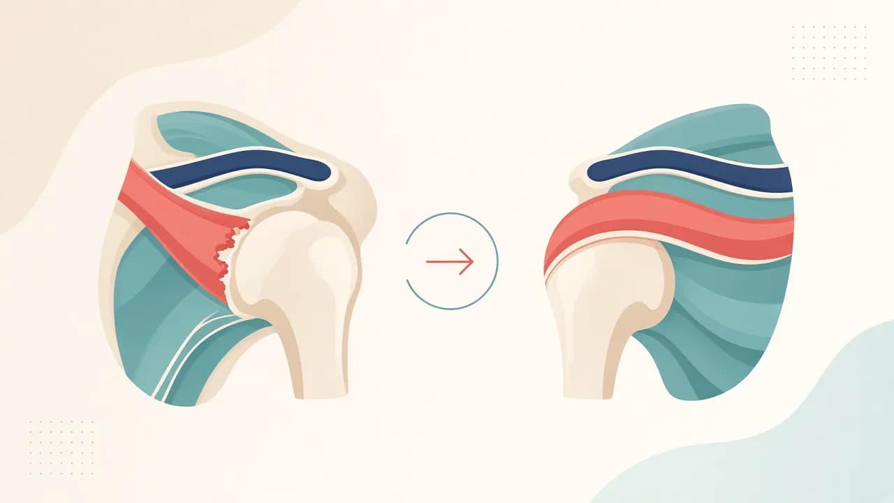 Illustration of a torn rotator cuff tendon and conceptual reattachment to the humeral footprint