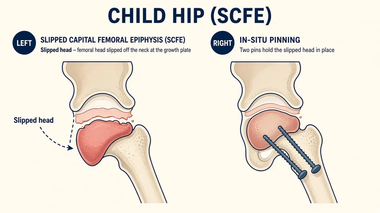 Illustration of a child's slipped femoral head beside in-situ pins holding the head on the neck