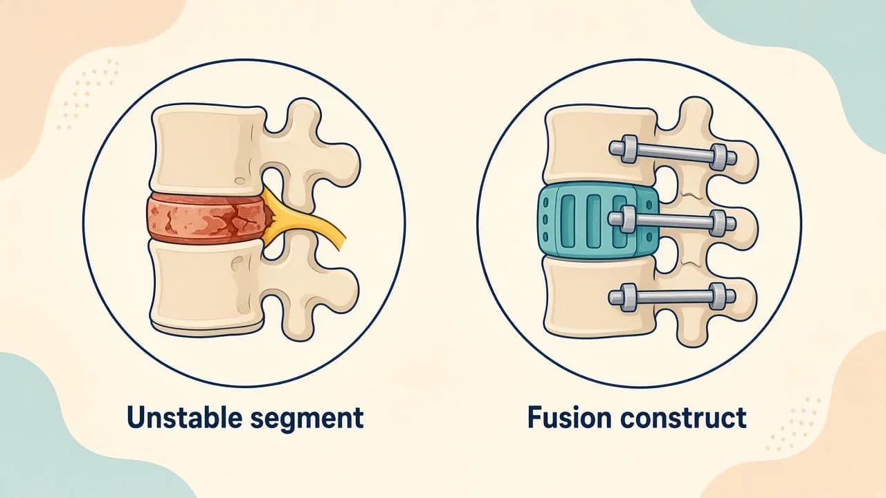 Illustration of selected vertebrae joined with rods, screws and interbody cages for spinal fusion