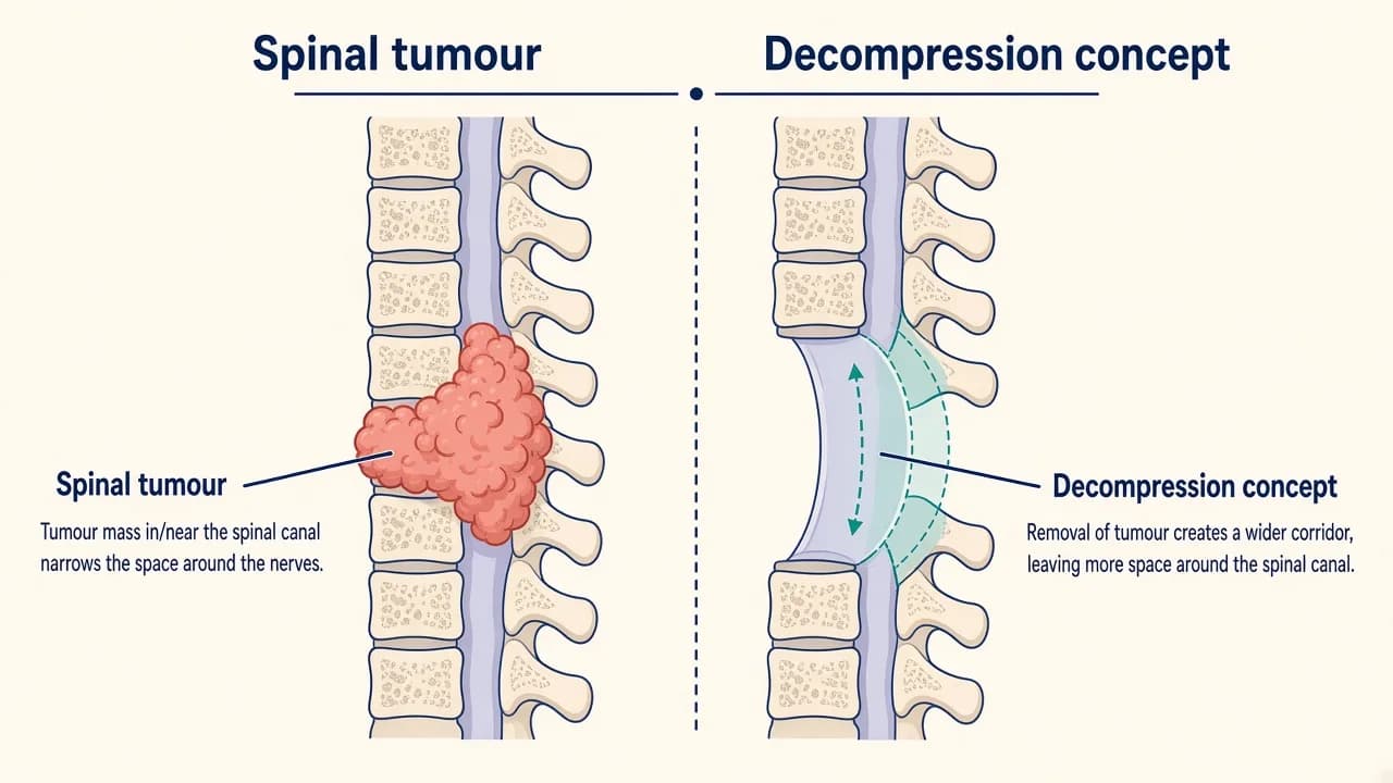 Illustration of a spinal tumour near the canal and the concept of surgical decompression