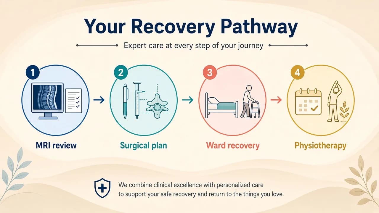 Illustration of MRI review, surgery, ward recovery and physiotherapy for spinal tumor surgery