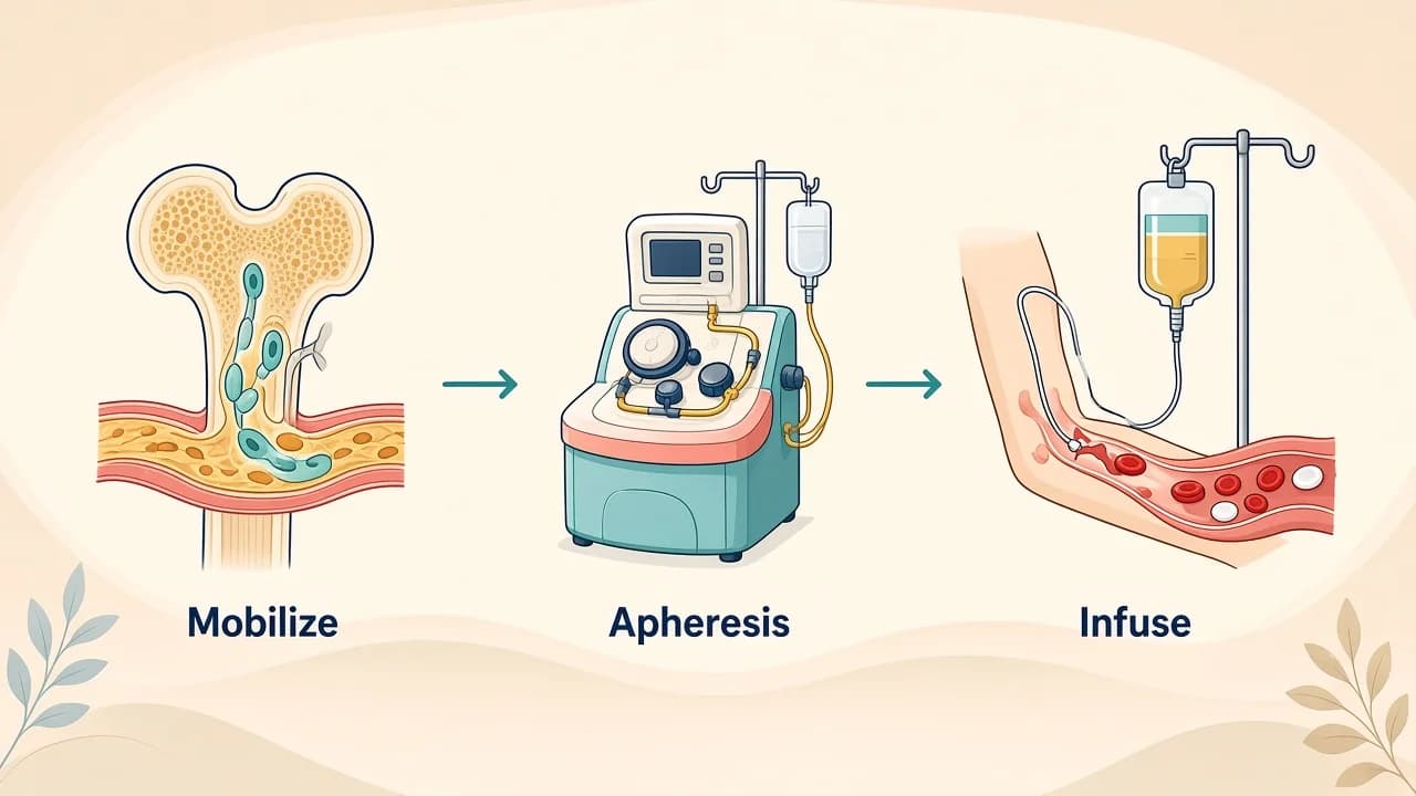Medical illustration showing stem-cell collection or matching, conditioning, graft infusion and early recovery monitoring