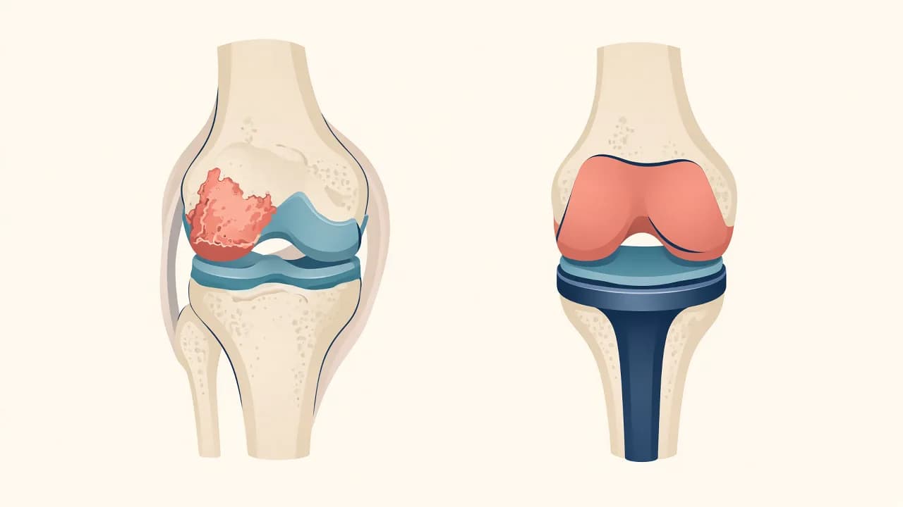 Illustration of worn knee surfaces and the concept of resurfacing them with a total knee prosthesis