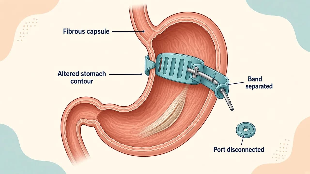 Medical illustration of altered upper-stomach anatomy during removal of an adjustable band, connecting tubing and subcutaneous port
