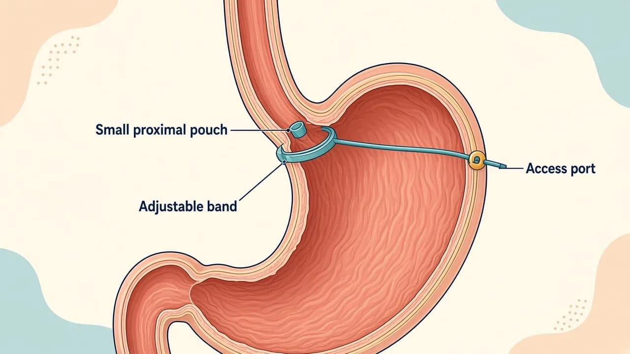 Medical illustration of an adjustable silicone band around the upper stomach connected by tubing to a subcutaneous access port