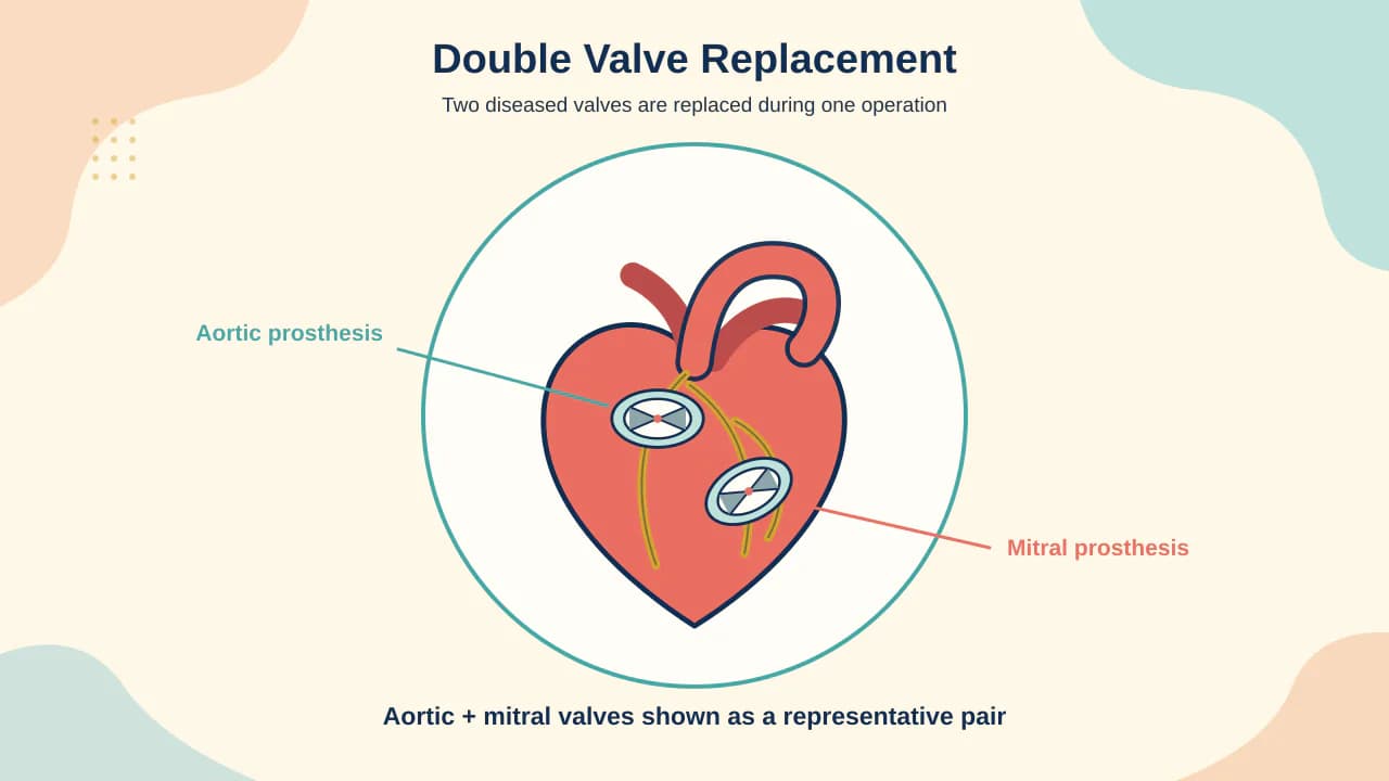Medical illustration of two prosthetic valves implanted in aortic and mitral positions with mechanical and tissue choices