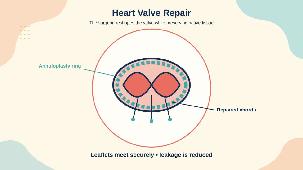 Medical illustration of native heart valve leaflet, chordal and annuloplasty-ring techniques used to repair regurgitation