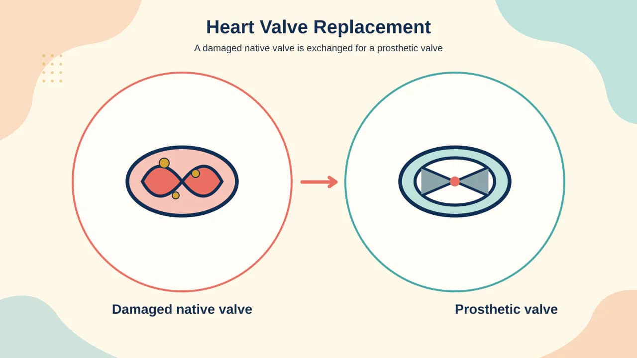 Medical illustration comparing a mechanical heart valve prosthesis with a biological tissue valve used for surgical replacement