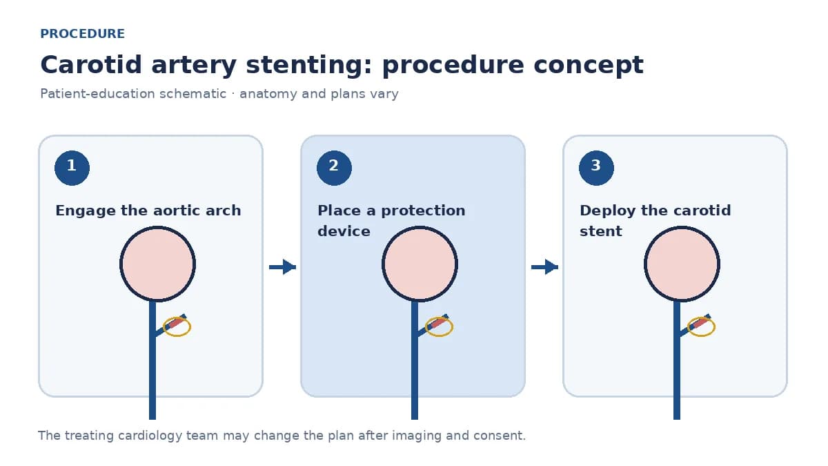 Clinical diagram of embolic-protection-device placement and carotid stent deployment