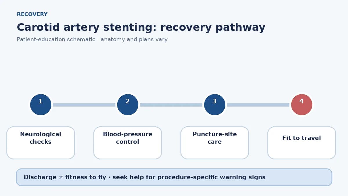 Carotid stenting recovery pathway showing neurological observations, blood-pressure control, puncture-site care and travel clearance