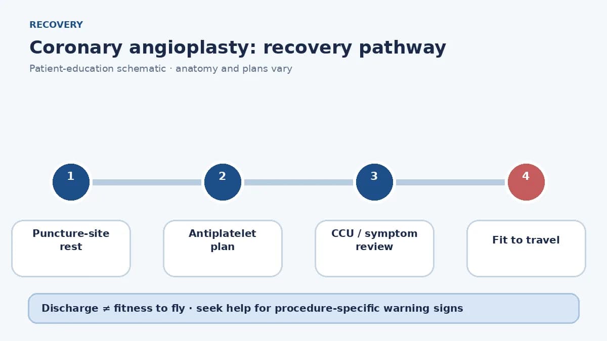 PCI recovery pathway showing puncture-site care, dual antiplatelet therapy, CCU monitoring and fitness-to-fly review