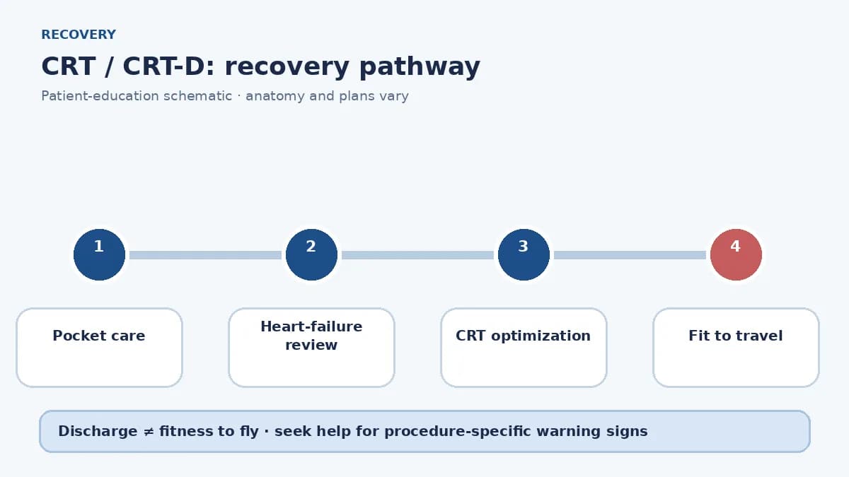 CRT recovery pathway showing pocket care, heart-failure review, device optimization and travel clearance