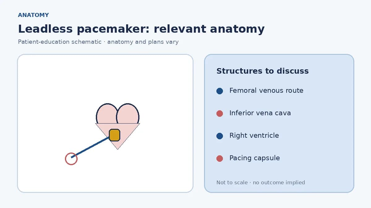 Medical illustration of the right ventricle and femoral venous route used for leadless pacemaker delivery