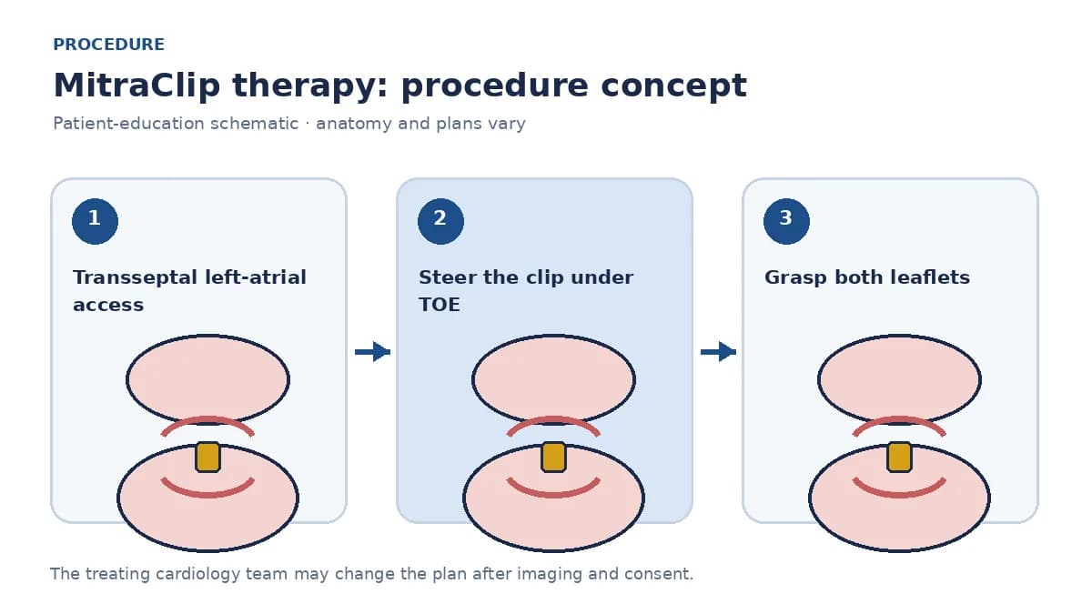 Clinical diagram of transseptal catheter delivery of an edge-to-edge clip grasping both mitral leaflets