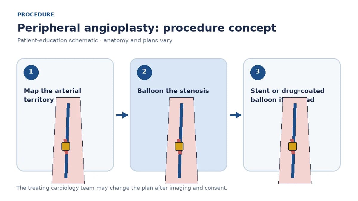 Clinical diagram of a guidewire, balloon and optional stent treating a peripheral arterial stenosis