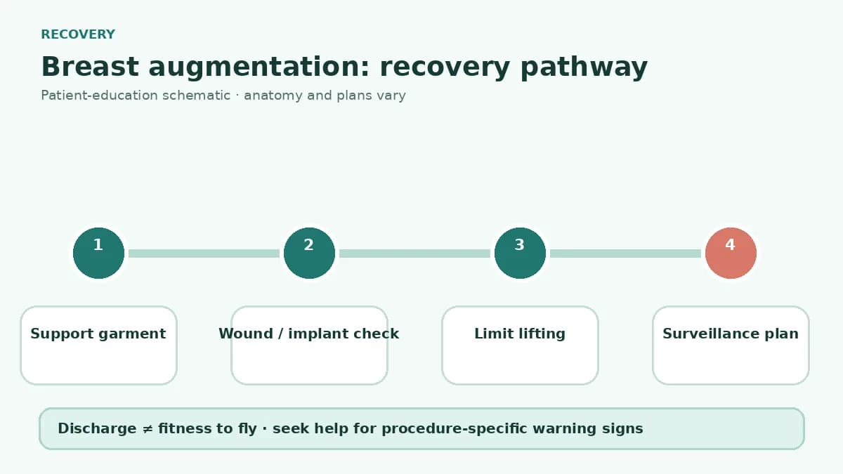 Breast augmentation recovery pathway showing support garment use, wound review, implant checks and gradual return to upper-body activity