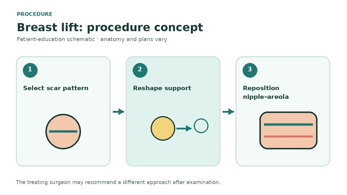 Clinical diagram comparing periareolar, vertical and Wise-pattern breast lift incision concepts
