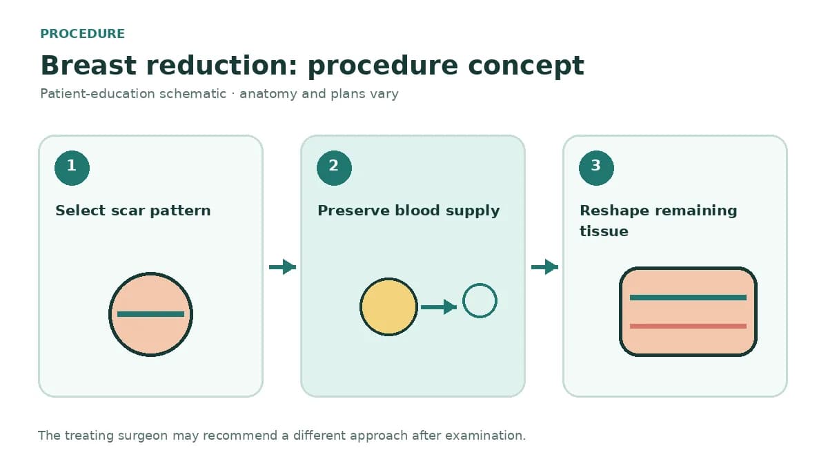 Clinical diagram comparing vertical and Wise-pattern breast reduction incisions and tissue-pedicle concepts