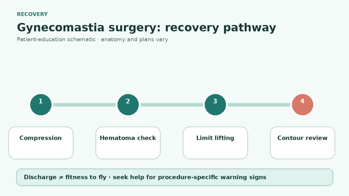Gynecomastia surgery recovery pathway showing compression, hematoma checks, wound care, lifting restrictions and contour review
