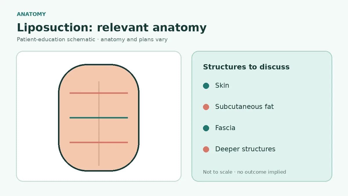 Medical body-map illustration showing subcutaneous fat layers and common areas that may be assessed for liposuction