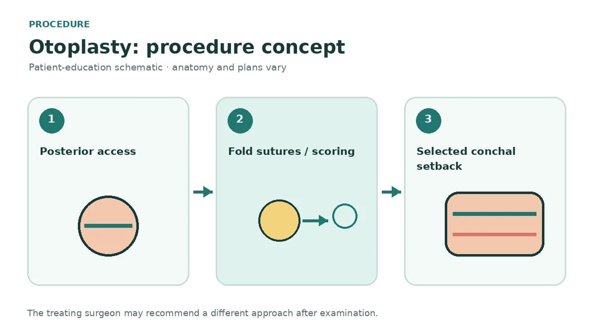 Clinical diagram showing posterior access, antihelical fold sutures and selected conchal setback concepts during otoplasty