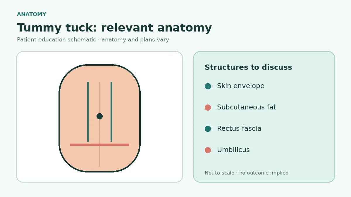 Medical illustration of abdominal skin, subcutaneous fat, rectus muscles, fascia and umbilicus relevant to tummy tuck planning