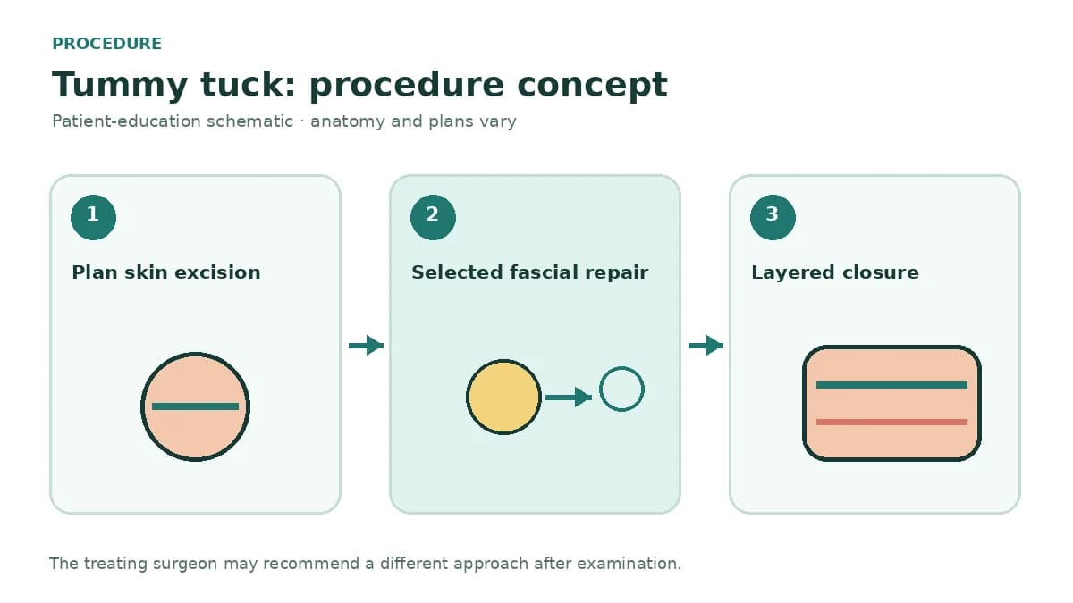 Clinical diagram showing lower abdominal tissue excision, selected fascial repair and umbilical management during abdominoplasty