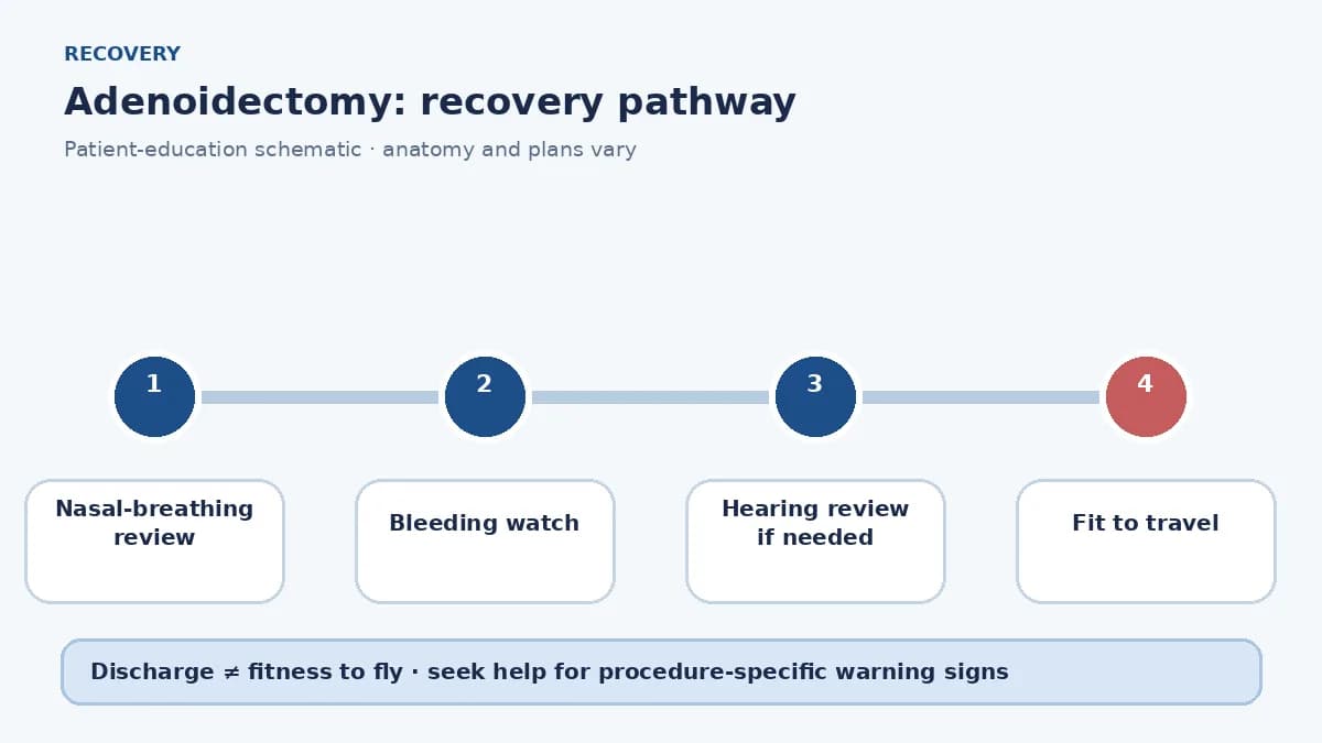 Adenoidectomy recovery pathway showing nasal-breathing review, bleeding watch and travel clearance